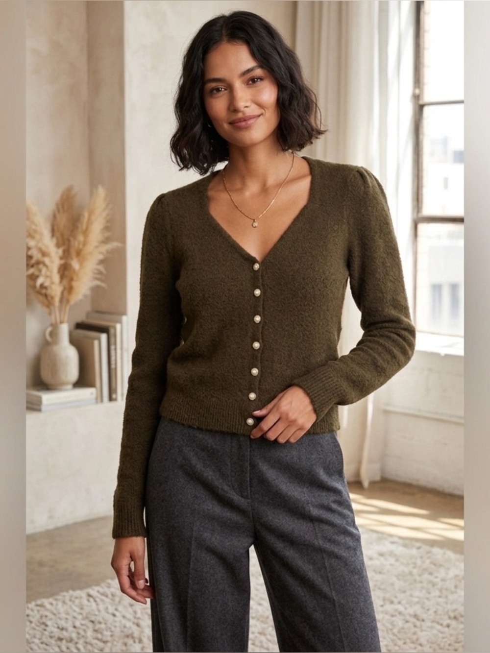 Heartloom Olive Button-Up Cardigan Sweater